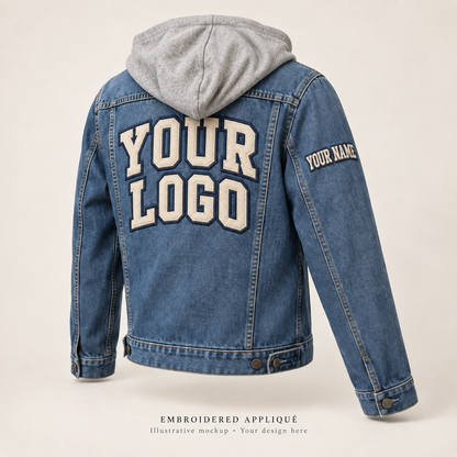 Illustrative mockup: custom hooded denim jacket with embroidered applique back logo and sleeve name