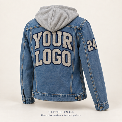 Illustrative mockup: custom hooded denim jacket with glitter twill back logo and sleeve number