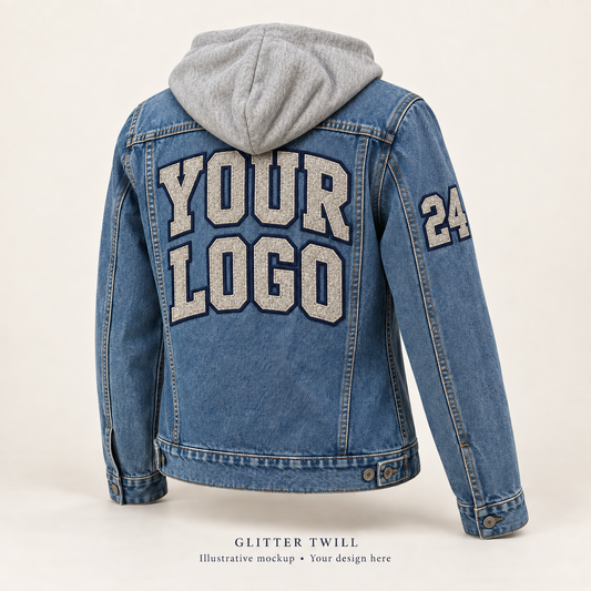 Illustrative mockup: custom hooded denim jacket with glitter twill back logo and sleeve number