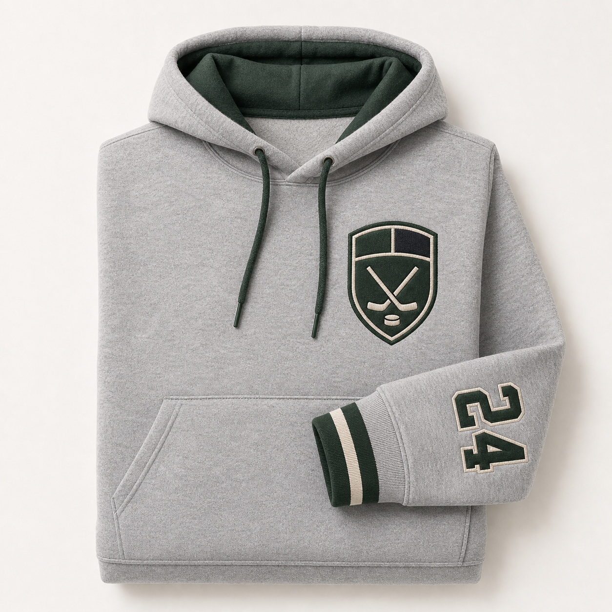 Custom hockey team hoodie with embroidered crest and player number by TTN Custom Apparel