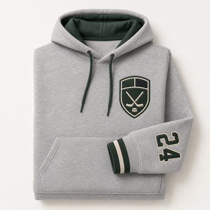 Custom hockey team hoodie with embroidered crest and player number by TTN Custom Apparel