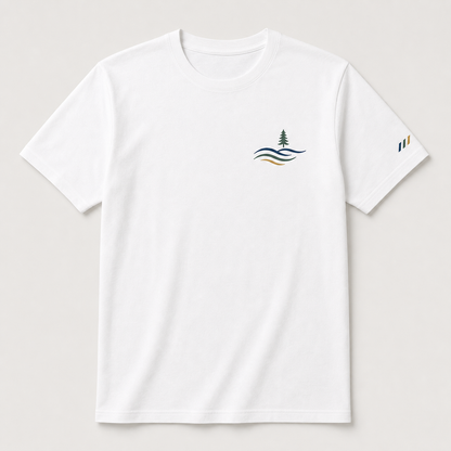 White custom printed cotton t-shirt with small left chest artwork and sleeve accent by TTN Custom Apparel