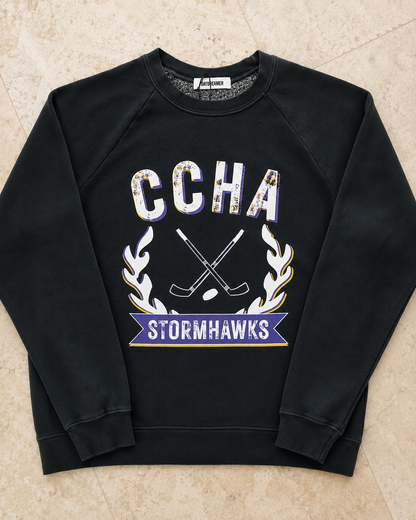 Finished black crewneck sweatshirt with distressed custom team print