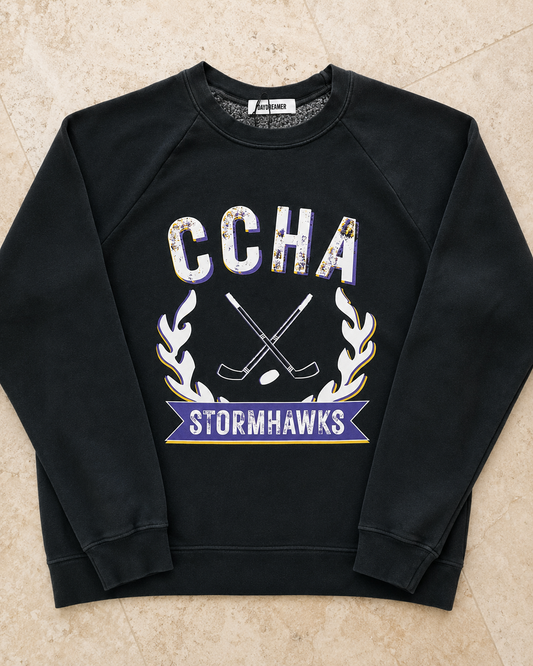 Finished black crewneck sweatshirt with distressed custom team print