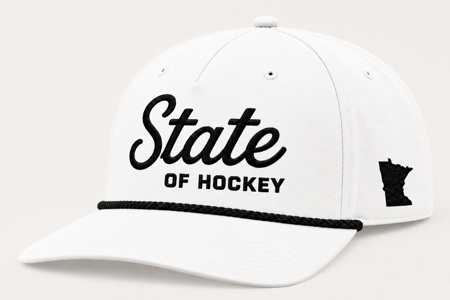 TTN Originals State of Hockey Richardson 5-panel classic rope hat in white and black on a light background