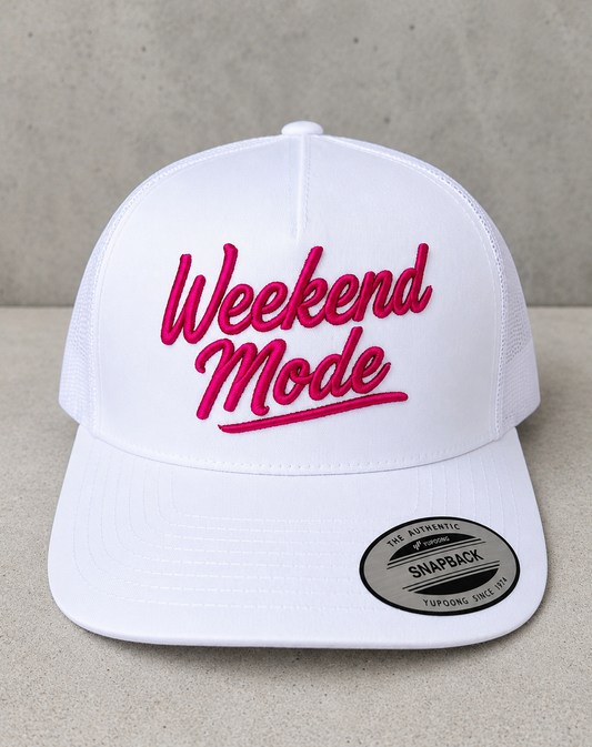 TTN Originals Weekend Mode snapback hat in white with pink embroidery