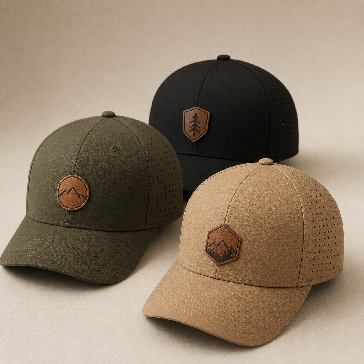 Premium custom patch hats in black olive and tan by TTN Custom Apparel