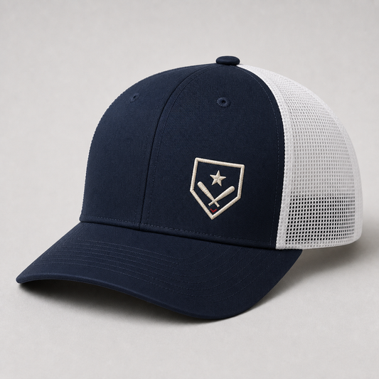 Custom baseball trucker hat with small embroidered baseball badge design