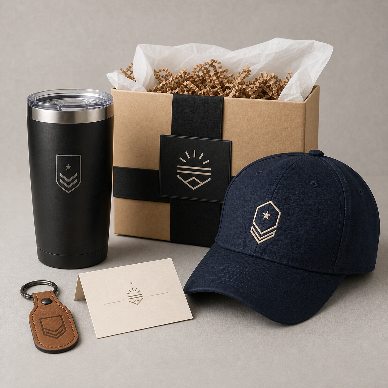 Custom corporate gift set with engraved tumbler embroidered hat leatherette keychain and gift packaging