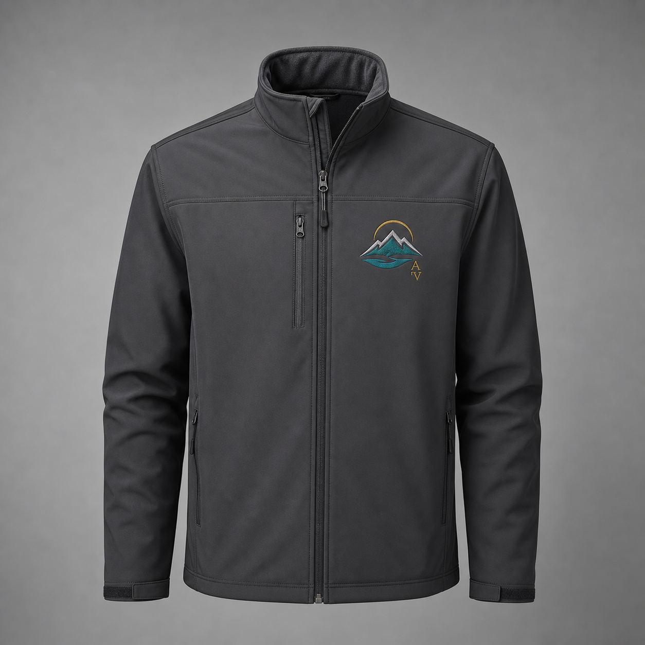 Custom corporate embroidered softshell jacket with realistic left chest logo