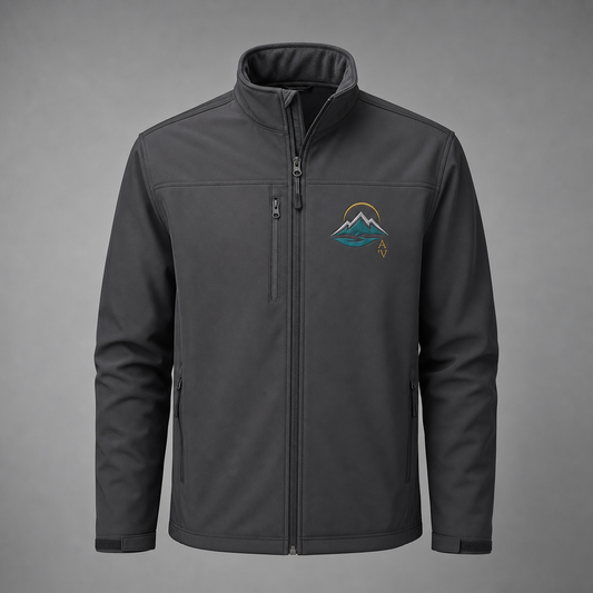 Custom corporate embroidered softshell jacket with realistic left chest logo