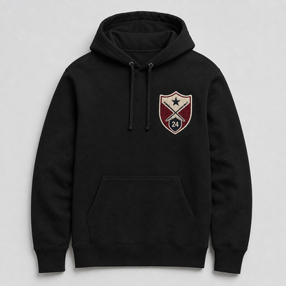 Custom embroidered black hoodie with realistic applique crest design