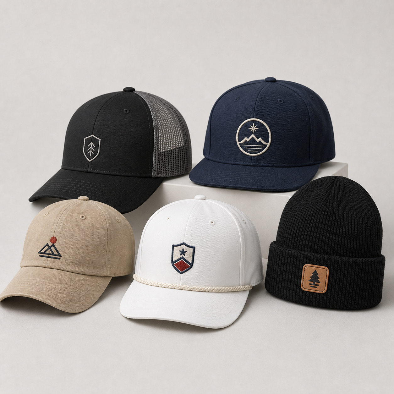 Custom hat pack showing trucker snapback dad hat rope hat and beanie styles