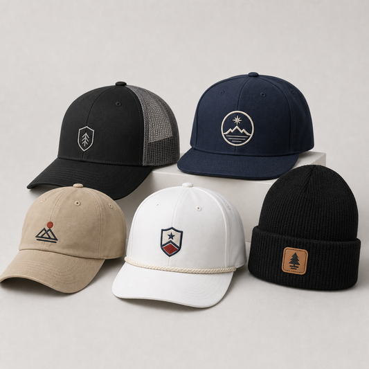 Custom hat pack showing trucker snapback dad hat rope hat and beanie styles