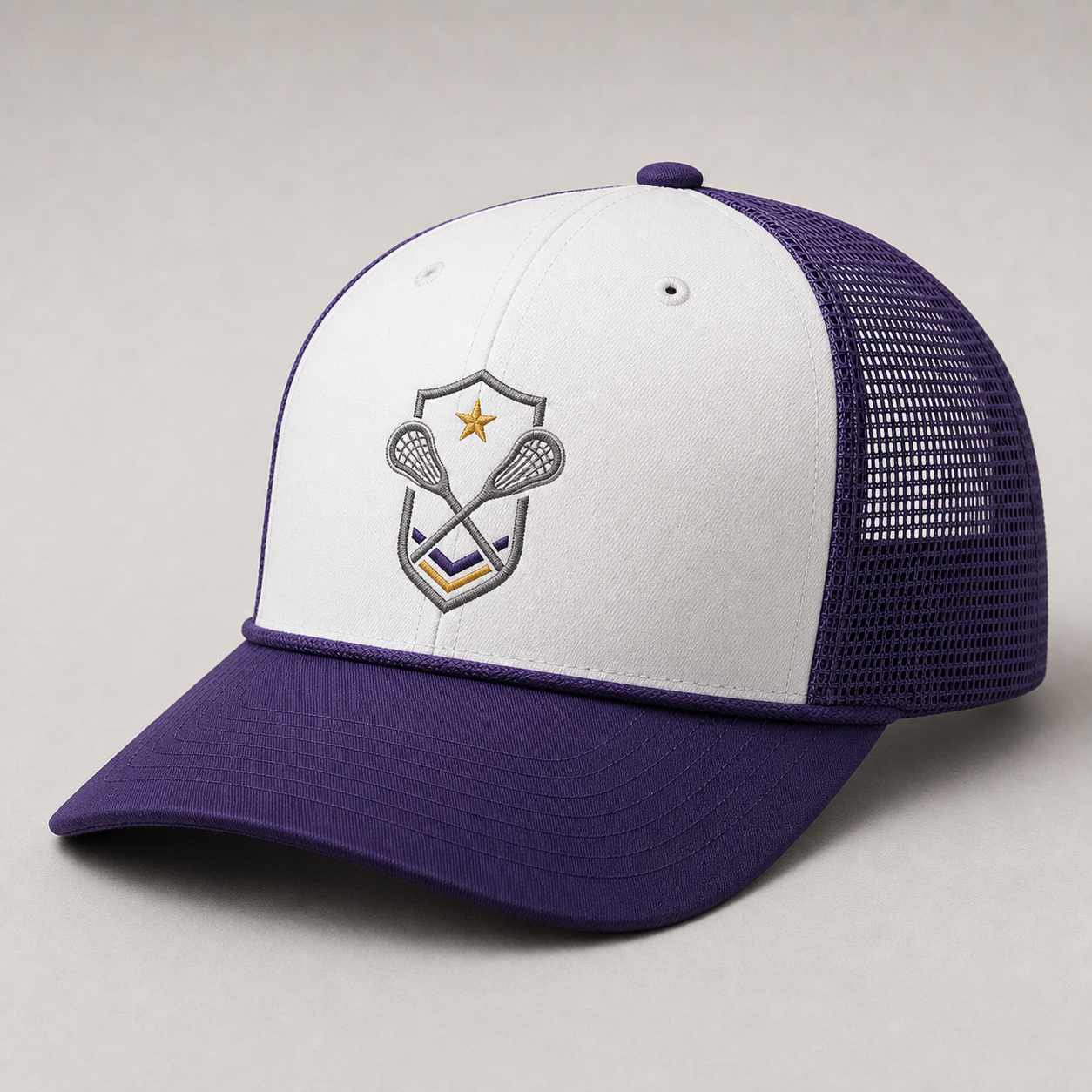 Custom lacrosse trucker hat with small embroidered lacrosse badge design