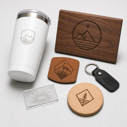 Custom laser engraving samples including tumbler wood plaque leatherette patch acrylic tag and coaster