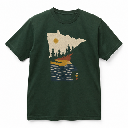 Custom printed t-shirt with realistic Minnesota outdoor inspired full color design