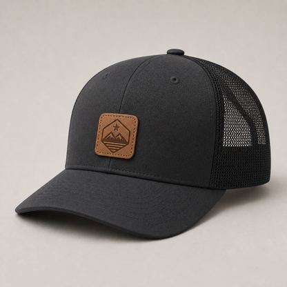 Custom leatherette patch trucker hat with modest engraved patch design