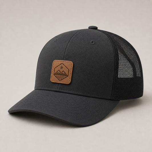 Custom leatherette patch trucker hat with modest engraved patch design