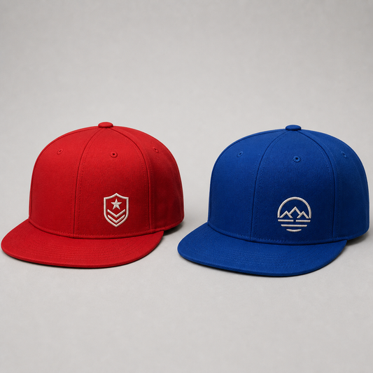 Custom embroidered snapback hats in red and blue color options